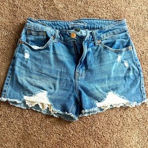 Lace detail denim shorts